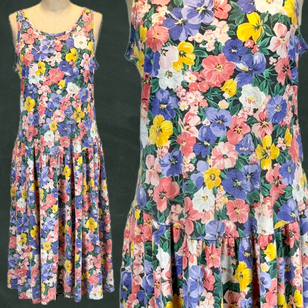 VINTAGE 80s flower garden‎ bloom knit jumper maxi dress sleeveless drop waist M